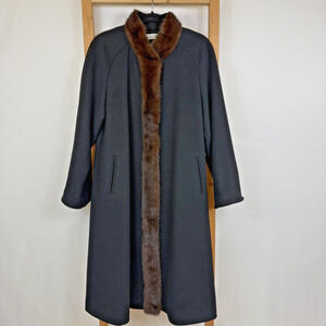 Alorna Black Wool Long Coat Mink Trim Vintage 80s 90s Made USA SZ LARGE UNION